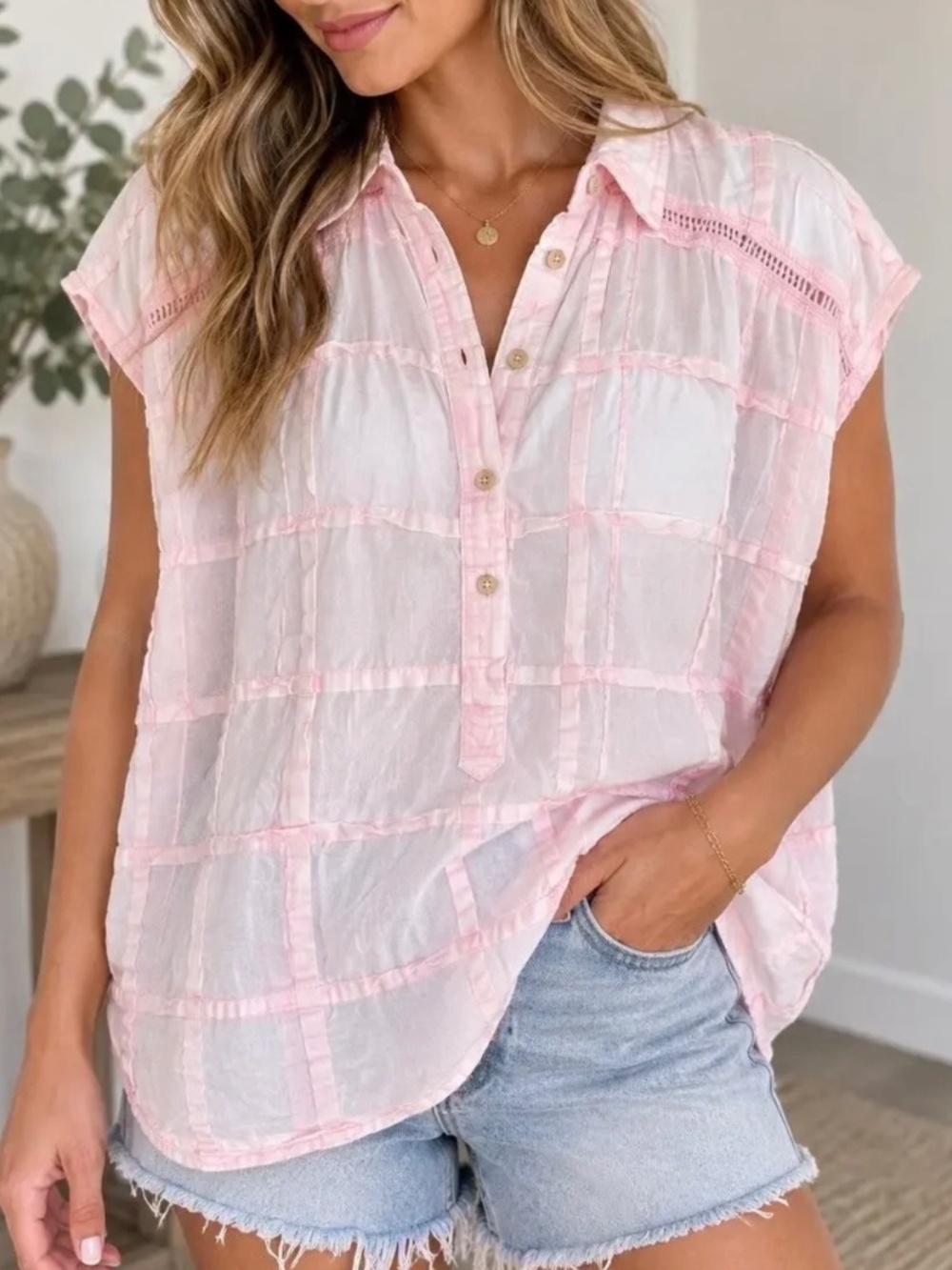 Pilcro Anthropologie Pink Plaid Oversized Cotton Top M